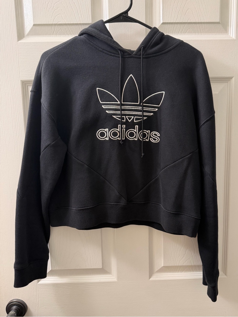 Adidas Black Hoodie Crop Sweater with White Trefoil Logo